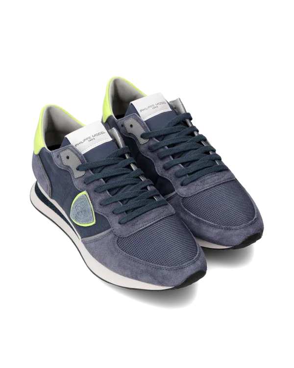 Sneakers Uomo Philippe Model Tropez In Camoscio Blu Denim e Dettagli Giallo Fluo cod. TZLU WN80, foto 2 di 6