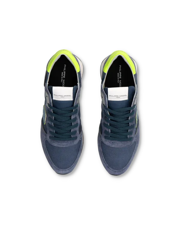 Sneakers Uomo Philippe Model Tropez In Camoscio Blu Denim e Dettagli Giallo Fluo cod. TZLU WN80, foto 4 di 6