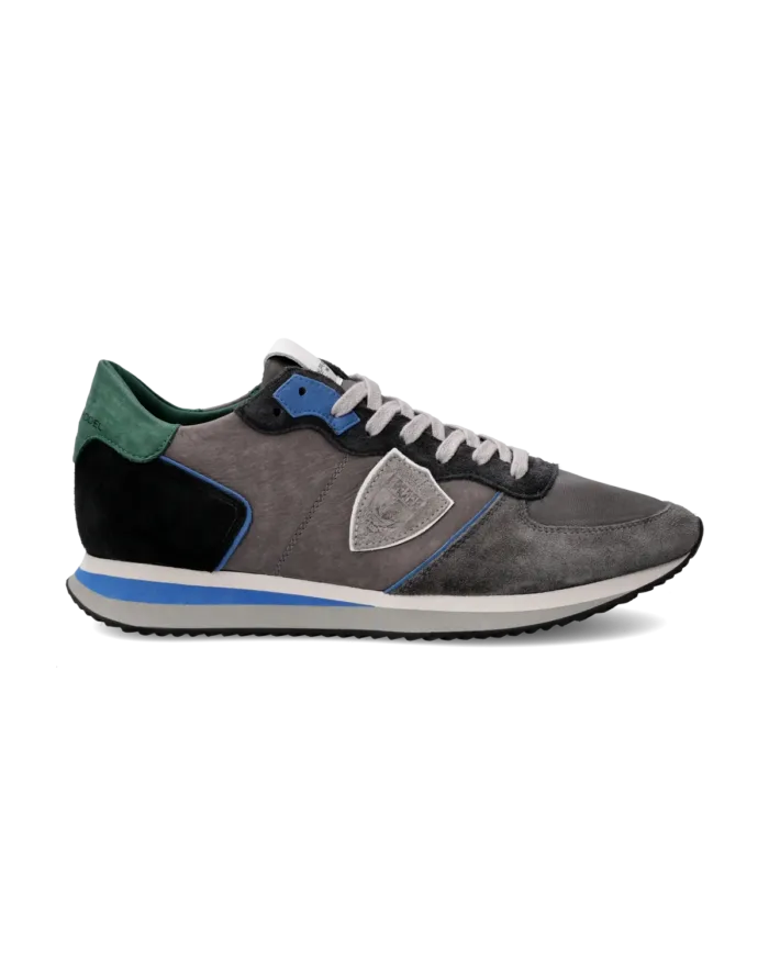 Sneakers Uomo Philippe Model Tropez In Pelle Grigia e Dettagli Azzurri cod. TZLU WV03, foto 1 di 6