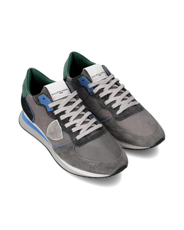 Sneakers Uomo Philippe Model Tropez In Pelle Grigia e Dettagli Azzurri cod. TZLU WV03, foto 2 di 6