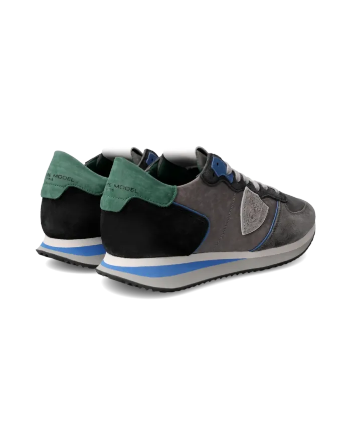 Sneakers Uomo Philippe Model Tropez In Pelle Grigia e Dettagli Azzurri cod. TZLU WV03, foto 3 di 6
