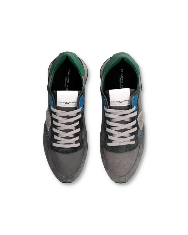 Sneakers Uomo Philippe Model Tropez In Pelle Grigia e Dettagli Azzurri cod. TZLU WV03, foto 4 di 6