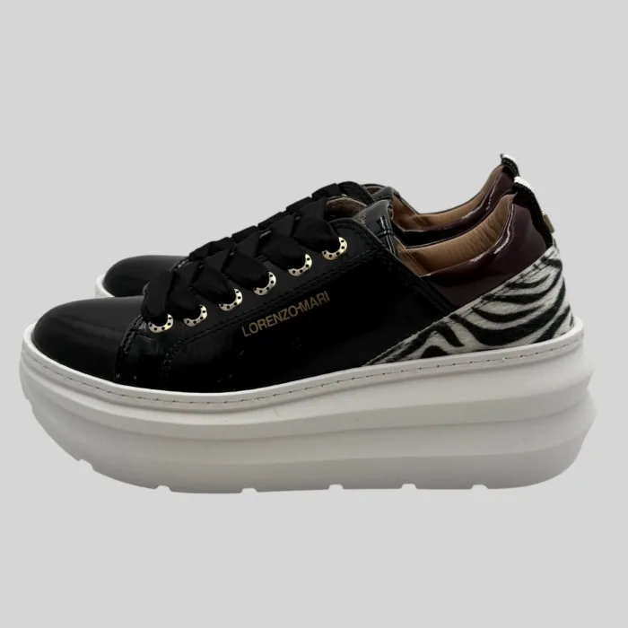 Sneakers Lorenzo Mari in Vernice Nera con dettagli Zebrati H 7 cm art. Bianca, foto 2 di 4