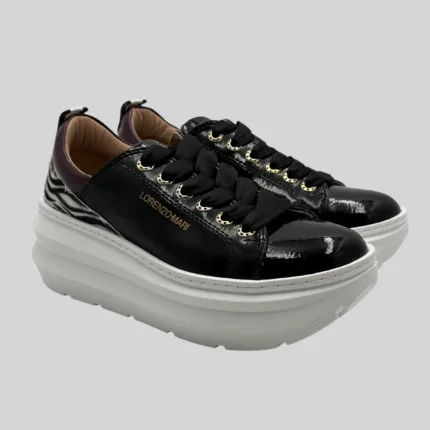 Sneakers Lorenzo Mari in Vernice Nera con dettagli Zebrati H 7 cm art. Bianca
