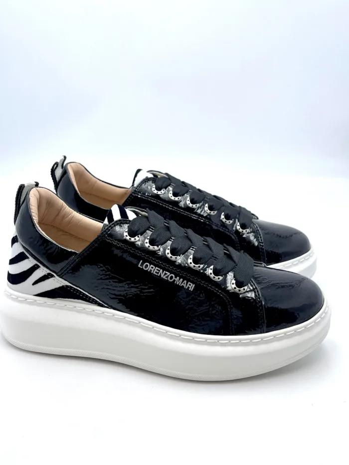 Sneakers Lorenzo Mari In Vernice Nera, Plateau  4,5 cm art. Liliana, foto 1 di 4