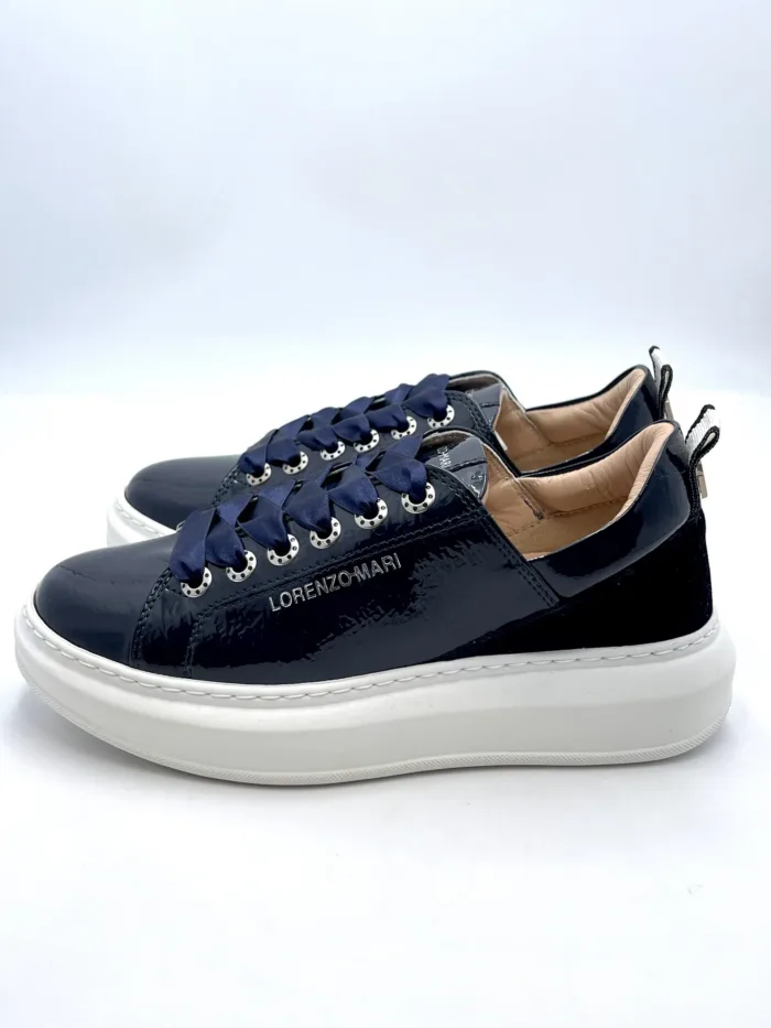 Sneakers Lorenzo Mari In Vernice Blu, Plateau  4,5 cm art. Valery, foto 3 di 4