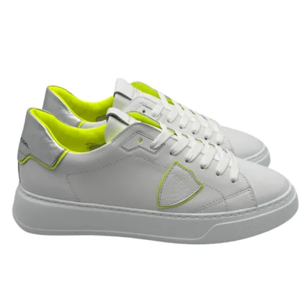 Sneaker Uomo Philippe Model Temple in Pelle Bianca e Dettagli Giallo Fluo mod. BTLU VN13