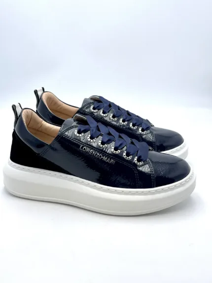Sneakers Lorenzo Mari In Vernice Blu, Plateau  4,5 cm art. Valery