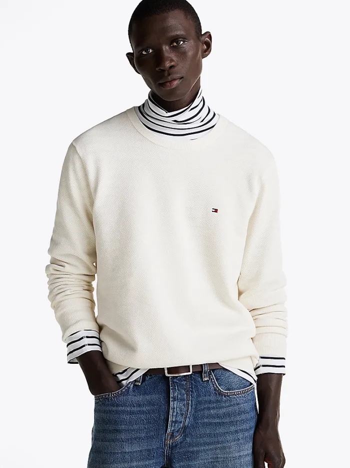 Maglione Girocollo in Cotone Nido D'Ape Uomo Tommy Hilfiger Panna art. MW0MW36347 Z00, foto 2 di 2