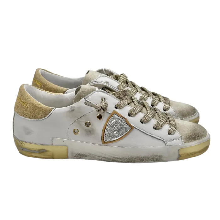 Sneakers Donna Philippe Model Paris Prsx In Pelle Bianca Linguetta In Camoscio e Spoiler Beige cod. PRLD VDE1, foto 1 di 6
