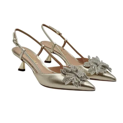 Slingback Ninalilou in Nappa Platino Accessorio Fiore Gioiello, Tacco 5 cm art. 351257P5