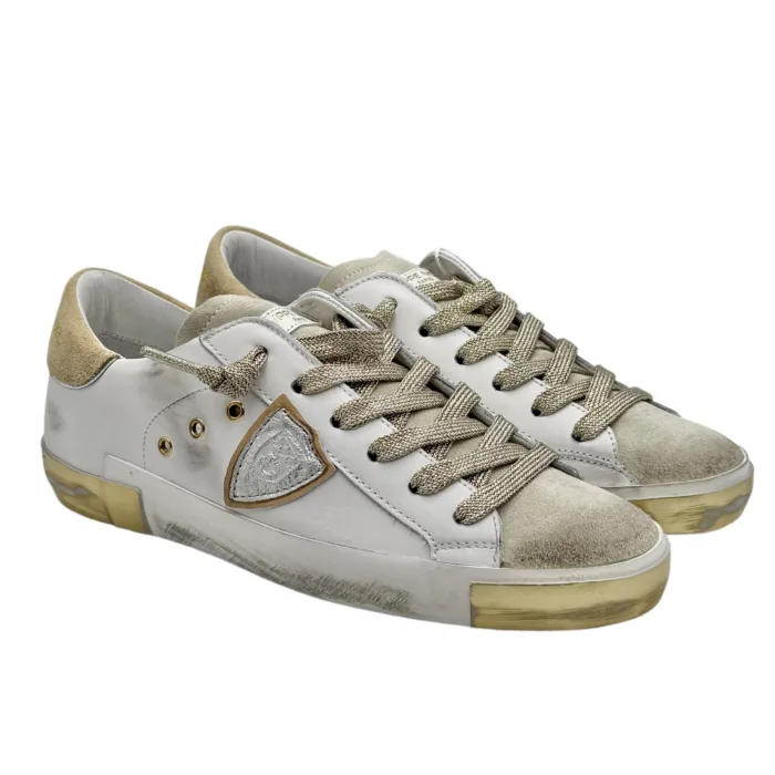 Sneakers Donna Philippe Model Paris Prsx In Pelle Bianca Linguetta In Camoscio e Spoiler Beige cod. PRLD VDE1, foto 2 di 6