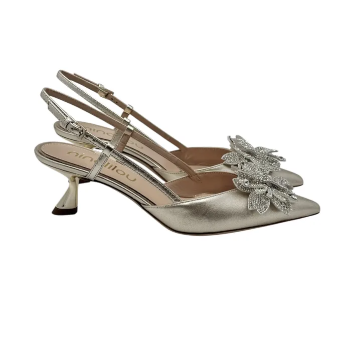 Slingback Ninalilou in Nappa Platino Accessorio Fiore Gioiello, Tacco 5 cm art. 351257P5, foto 4 di 6