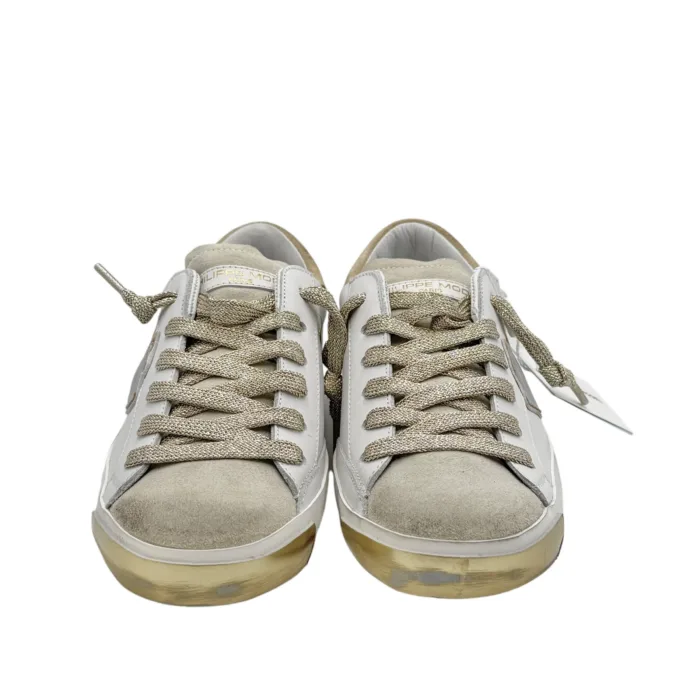 Sneakers Donna Philippe Model Paris Prsx In Pelle Bianca Linguetta In Camoscio e Spoiler Beige cod. PRLD VDE1, foto 3 di 6