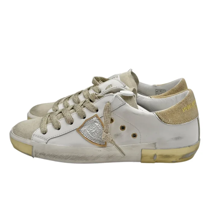 Sneakers Donna Philippe Model Paris Prsx In Pelle Bianca Linguetta In Camoscio e Spoiler Beige cod. PRLD VDE1, foto 4 di 6