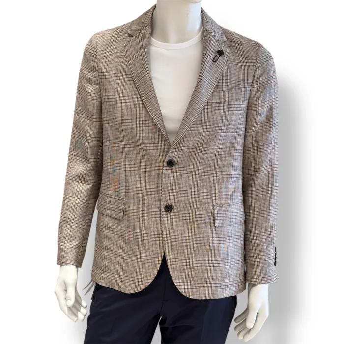 Giacca Lardini in Misto Lana e Lino Sfoderata In Fantasia Principe Di Galles Beige Costruzione Roma Art. ES516AE ESIF64513 250MA, foto 1 di 2