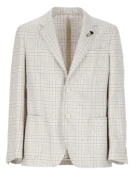 Giacca Lardini in Misto Cotone e Lino Sfoderata In Fantasia Check Beige Costruzione Roma Art. ES6202E ESIF64509 160BE