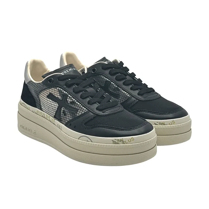 Sneakers Premiata Donna in Pelle Nera e Tela Traforata art. Micol 7445, foto 2 di 5