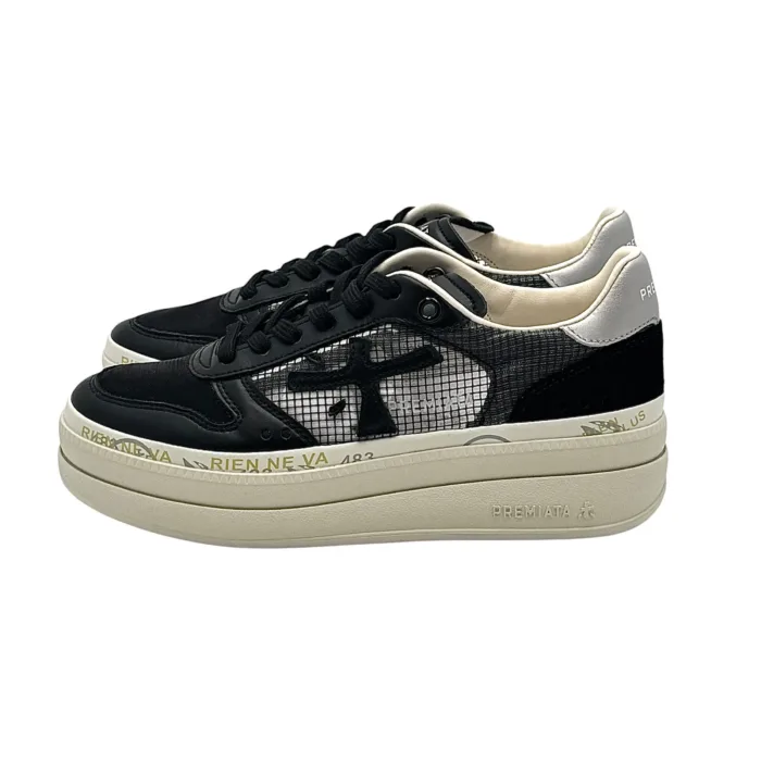 Sneakers Premiata Donna in Pelle Nera e Tela Traforata art. Micol 7445, foto 4 di 5