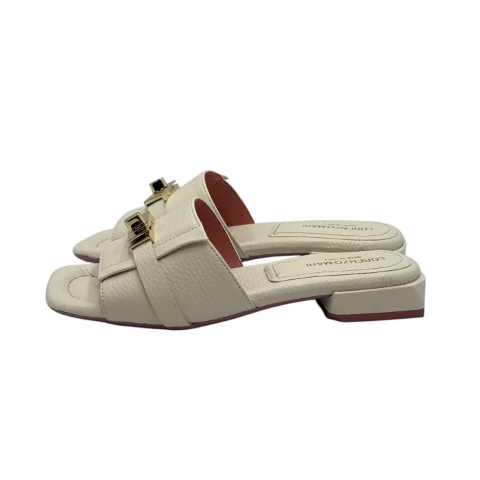 Ciabatta Lorenzo Mari con Accessorio Fibbia Oro in Pelle Bianca Tacco 3 cm art. FIORDALISO 11, foto 4 di 5