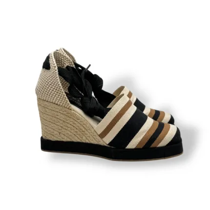 Espadrillas Palomitas By Paloma Barcelò in Tela Avorio e Nera, Zeppa 8cm Plateau 2cm Art Rissu 27-5202