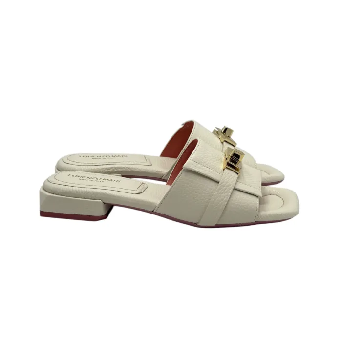 Ciabatta Lorenzo Mari con Accessorio Fibbia Oro in Pelle Bianca Tacco 3 cm art. FIORDALISO 11, foto 2 di 5