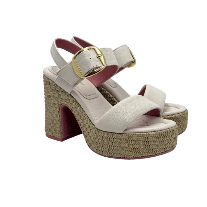 Sandali Lorenzo Mari In Vitello Bianco con Tacco in Rafia 12 cm Plateau  4 cm art. Peonia 04, foto 1 di 5