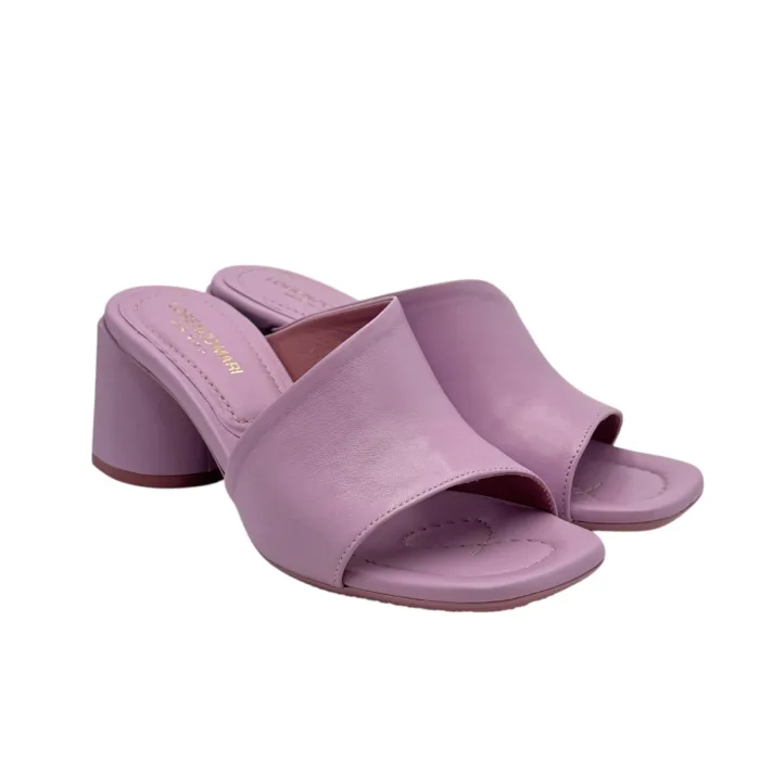 Sandalo Mules Sabot Lorenzo Mari in Pelle Malva Tacco 7 cm art. Fresia 08, foto 1 di 4