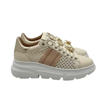 Sneakers Donna Stokton In Pelle Traforata Crema con Accessori Gioiello Amovibili art. 898-D