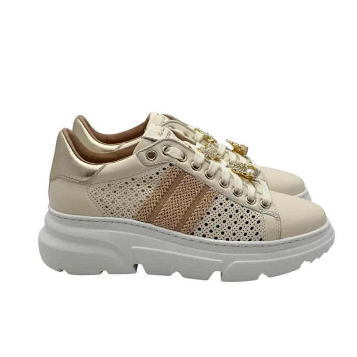 Sneakers Donna Stokton In Pelle Traforata Crema con Accessori Gioiello Amovibili art. 898-D, foto 1 di 6