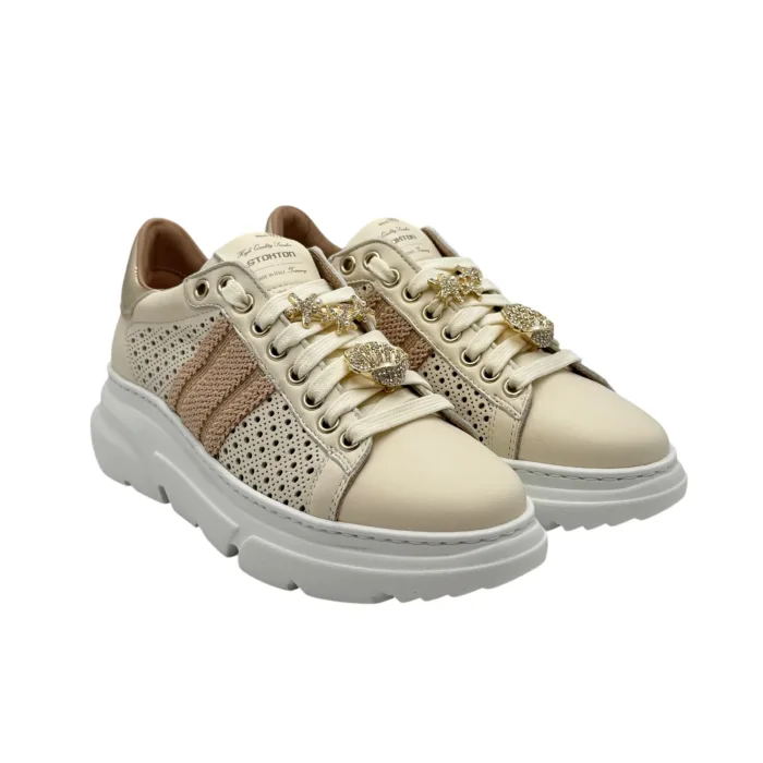 Sneakers Donna Stokton In Pelle Traforata Crema con Accessori Gioiello Amovibili art. 898-D, foto 2 di 6