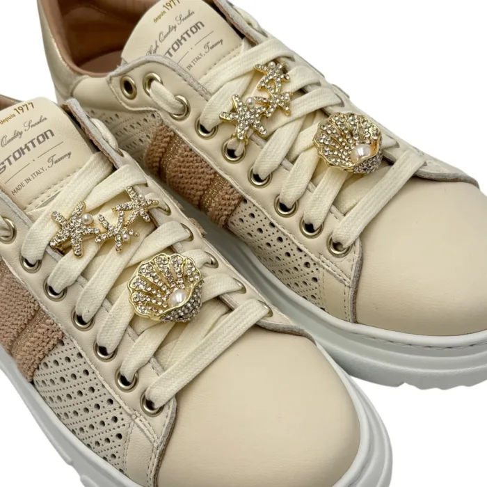 Sneakers Donna Stokton In Pelle Traforata Crema con Accessori Gioiello Amovibili art. 898-D, foto 6 di 6