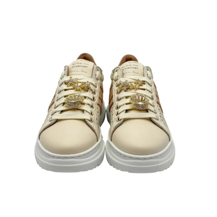 Sneakers Donna Stokton In Pelle Traforata Crema con Accessori Gioiello Amovibili art. 898-D, foto 4 di 6