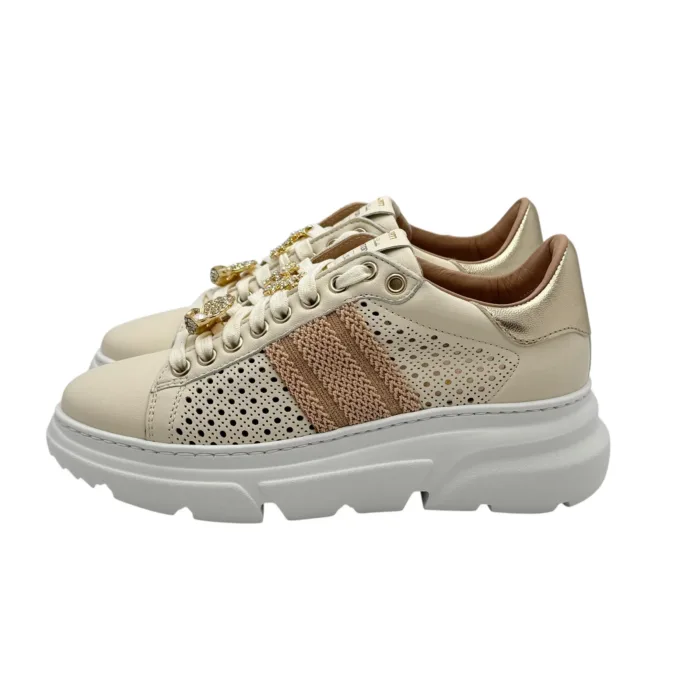 Sneakers Donna Stokton In Pelle Traforata Crema con Accessori Gioiello Amovibili art. 898-D, foto 3 di 6