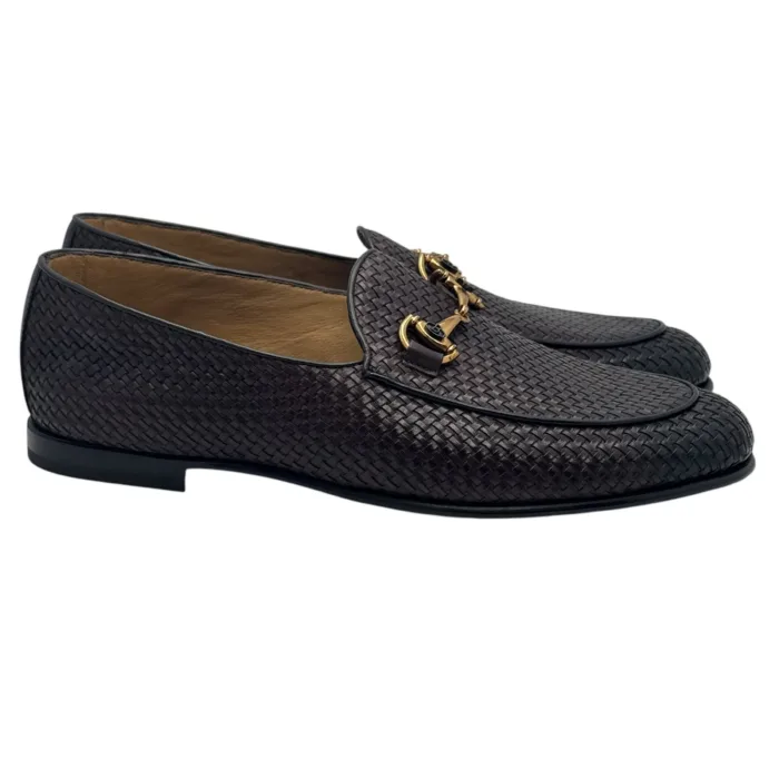 Mocassino Uomo Barrett In Pelle Intrecciata Sottile Testa di Moro Produzione a Sacchetto Fibbia Oro cod. 251U010.1, foto 1 di 6