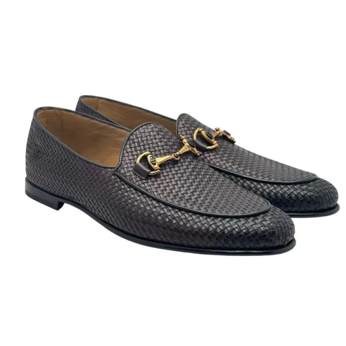 Mocassino Uomo Barrett In Pelle Intrecciata Sottile Testa di Moro Produzione a Sacchetto Fibbia Oro cod. 251U010.1, foto 2 di 6