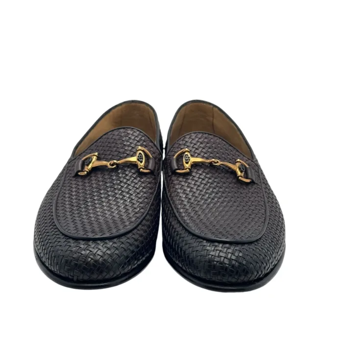 Mocassino Uomo Barrett In Pelle Intrecciata Sottile Testa di Moro Produzione a Sacchetto Fibbia Oro cod. 251U010.1, foto 6 di 6