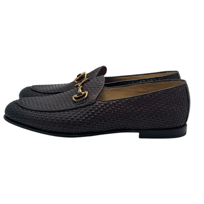 Mocassino Uomo Barrett In Pelle Intrecciata Sottile Testa di Moro Produzione a Sacchetto Fibbia Oro cod. 251U010.1, foto 5 di 6