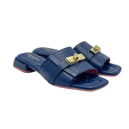 Ciabatta Lorenzo Mari con Accessorio Fibbia Oro in Pelle Blu Tacco 3 cm art. FIORDALISO 11