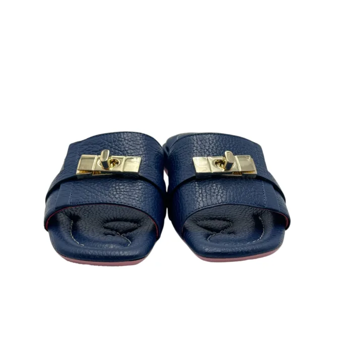 Ciabatta Lorenzo Mari con Accessorio Fibbia Oro in Pelle Blu Tacco 3 cm art. FIORDALISO 11, foto 3 di 5