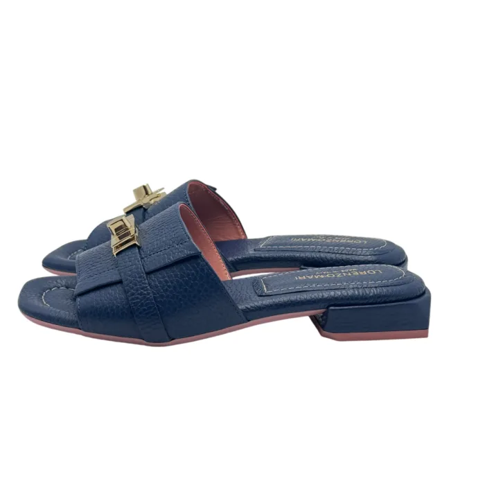 Ciabatta Lorenzo Mari con Accessorio Fibbia Oro in Pelle Blu Tacco 3 cm art. FIORDALISO 11, foto 2 di 5