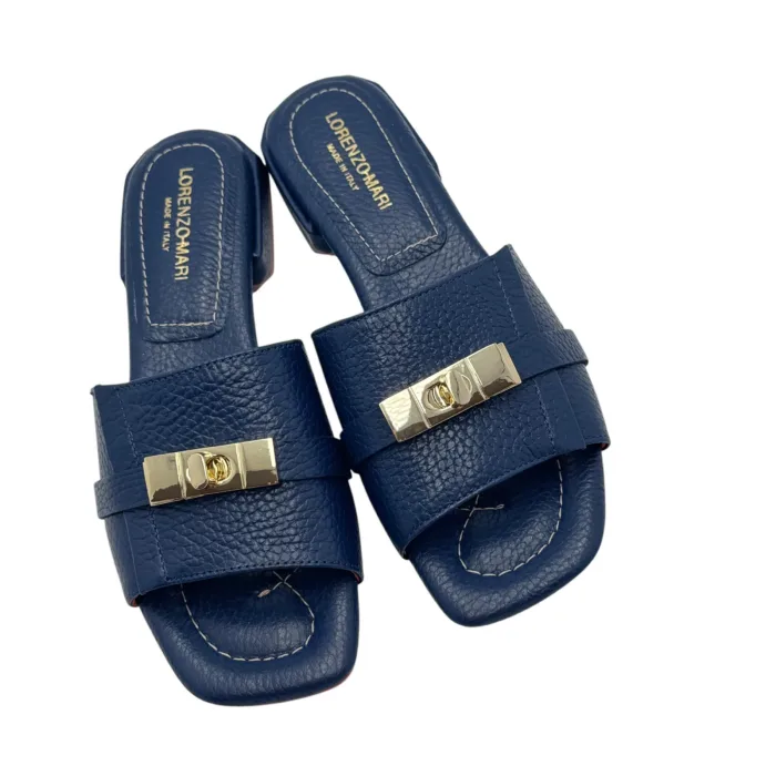 Ciabatta Lorenzo Mari con Accessorio Fibbia Oro in Pelle Blu Tacco 3 cm art. FIORDALISO 11, foto 4 di 5