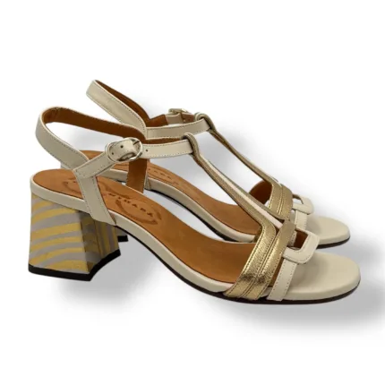 Sandalo Chie Mihara In Pelle Crema e Oro, Tacco Grosso 6 cm art. LALUCE