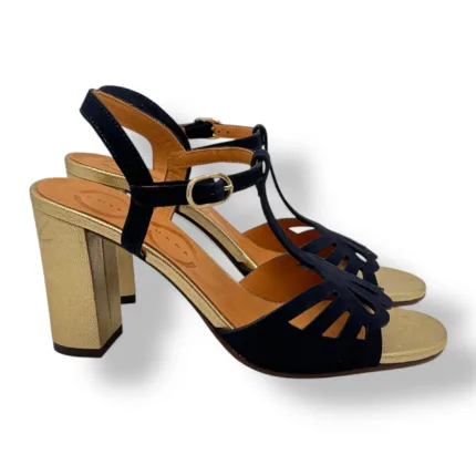 Sandalo Chie Mihara Blu, Tacco Grosso Oro 9 cm art. BELALA