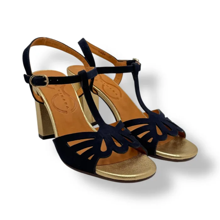 Sandalo Chie Mihara Blu, Tacco Grosso Oro 9 cm art. BELALA, foto 2 di 4