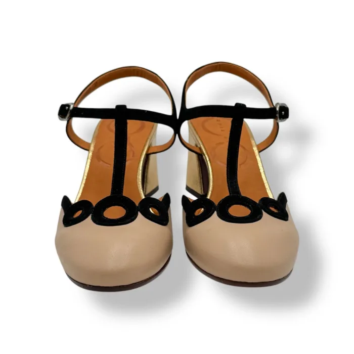 Sandalo Punta Chiusa Chie Mihara In Pelle Crema, Tacco Grosso Oro 7 cm art. FEYL, foto 3 di 5