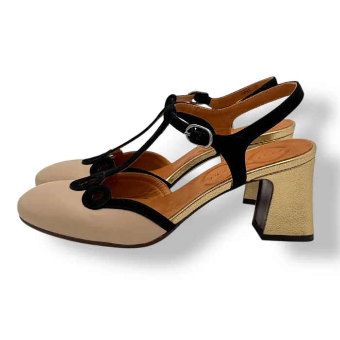 Sandalo Punta Chiusa Chie Mihara In Pelle Crema, Tacco Grosso Oro 7 cm art. FEYL, foto 4 di 5