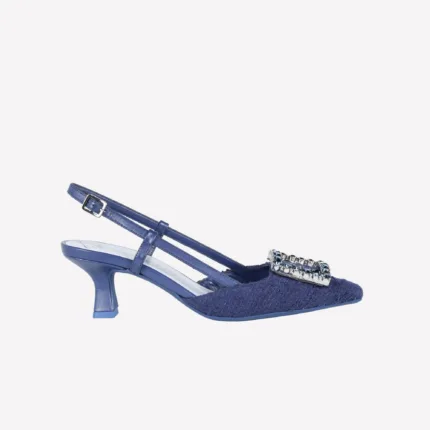 Slingback Roberto Festa in Tessuto Tweed Blu Con Accessorio Gioiello , Tacco 7 cm art. STEFI