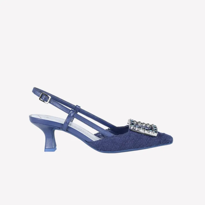 Slingback Roberto Festa in Tessuto Tweed Blu Con Accessorio Gioiello , Tacco 7 cm art. STEFI, foto 1 di 4