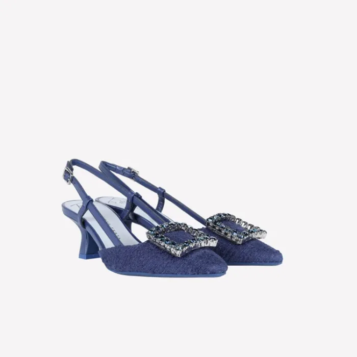 Slingback Roberto Festa in Tessuto Tweed Blu Con Accessorio Gioiello , Tacco 7 cm art. STEFI, foto 2 di 4